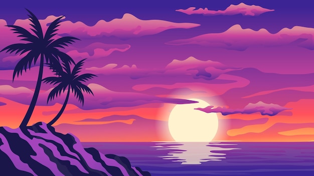 vector purple sunset on background of palm silhouettes