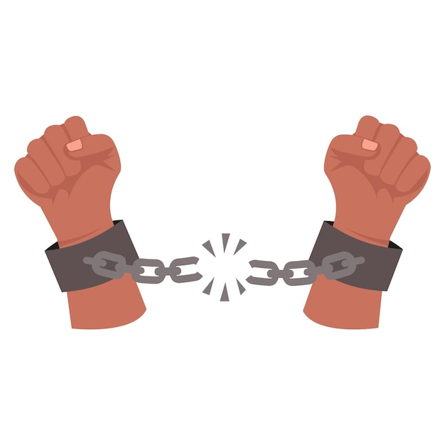 Vector Raising hands Breaking steel shackles chain Get slave free Concept of rescue liberation