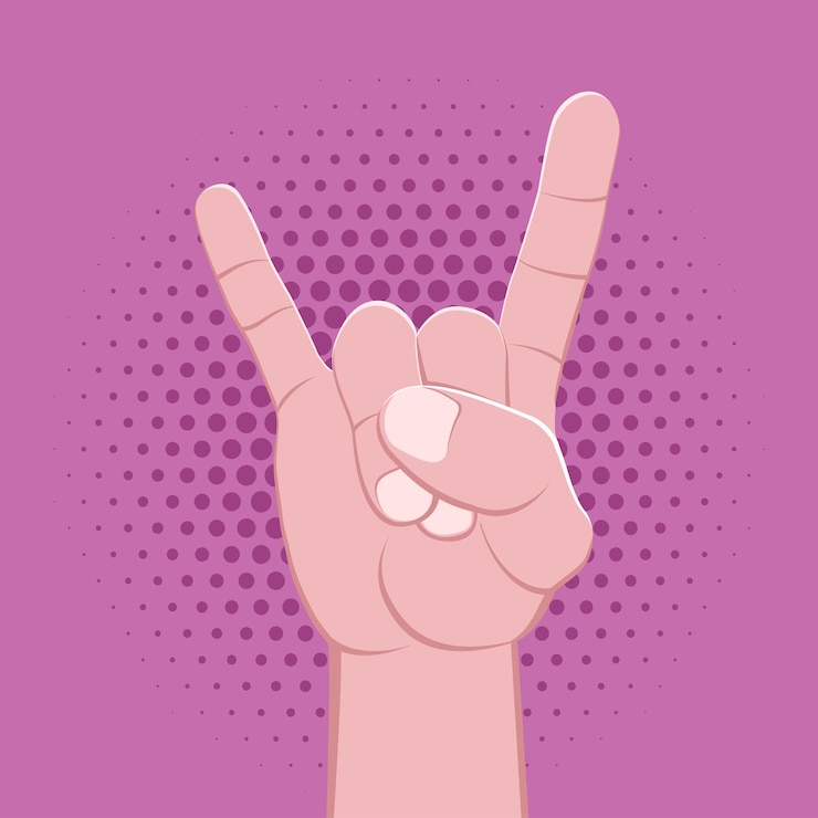 Vector vector rock symbolic crossed fingers male palm hand goat gesture concept sign vintage illustration retro poster design isolated on violet pink dotted background