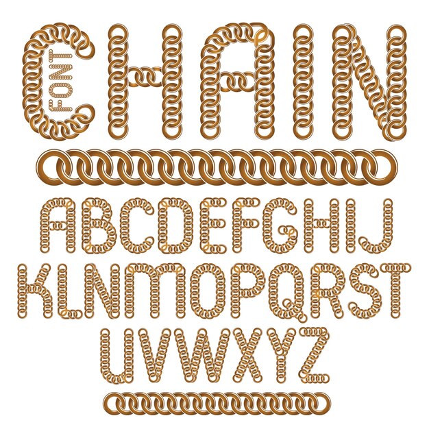 vector script, modern alphabet letters set. upper case creative font  made with steel chain link, joined link.