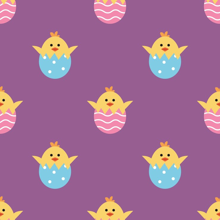 Vector vector seamless pallern with cute chick in egg cracked egg with ornament colorful