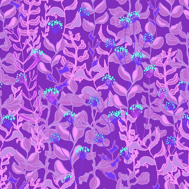 Vector seamless pattern herbs branches flowers and stems with leavesBotanical forest illustration Background wallpaper fabric textile packaging paper