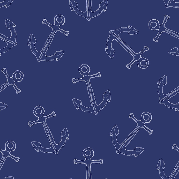 Vector vector seamless pattern of sketch anchors on blue background