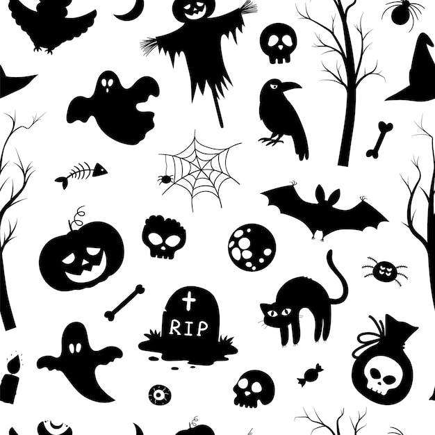 vector seamless pattern with halloween silhouettes. black and white samhain party background. scary digital paper with jack-o-lantern, spider, ghost, skull, trees, bats, tomb, web.