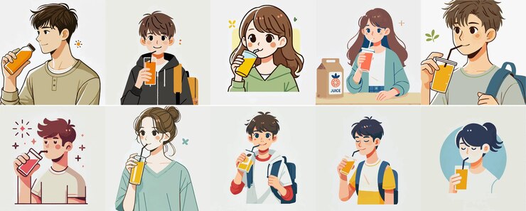 vector set of a teenager drinking juice with a simple flat design style