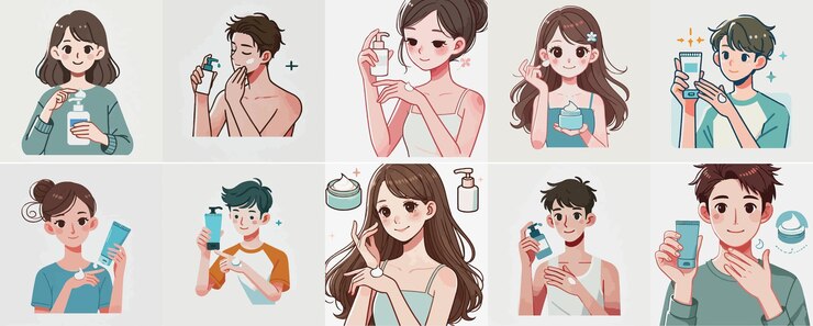 Vector set of a teenager using lotion or moisturizer with a simple flat design style