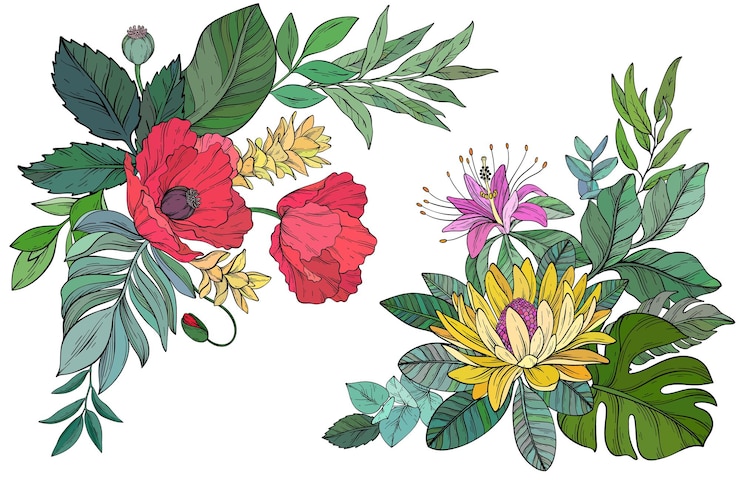 Vector vector set of bright and colorful tropical flowers arranged with vibrant green