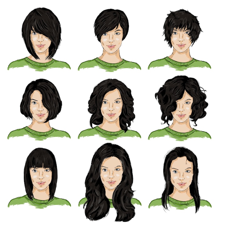 Vector vector set of color sketch female faces