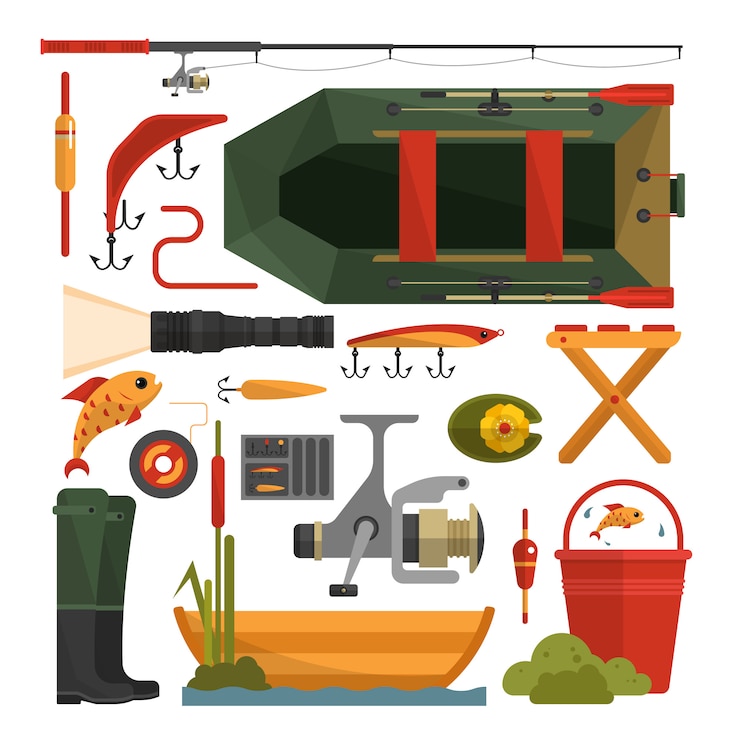 Vector vector set of fishing equipment elements isolated. flat design elements.