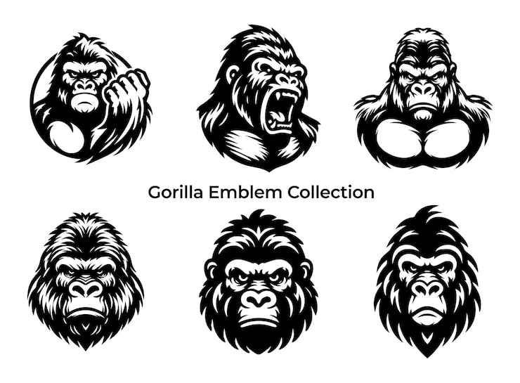 Vector vector set of gorilla heads isolated on white background monochrome illustration