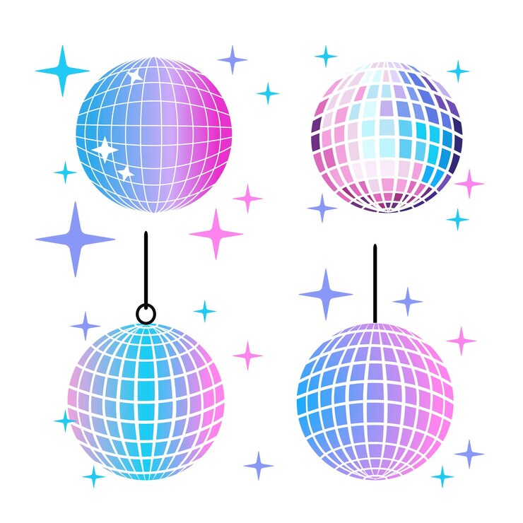 Vector vector set of holographic disco balls colors transition from pink to blue