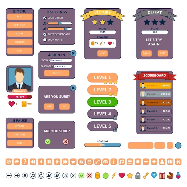 Vector Set of UI Elements for Mobile Game