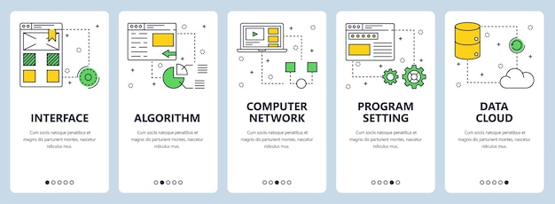Vector set of vertical banners with Interface Algorithm Computer network Program setting Data cloud website templates Modern thin line flat style design
