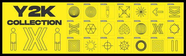 Vector set of Y2K Brutalism star and flower shapes Objects in y2k style
