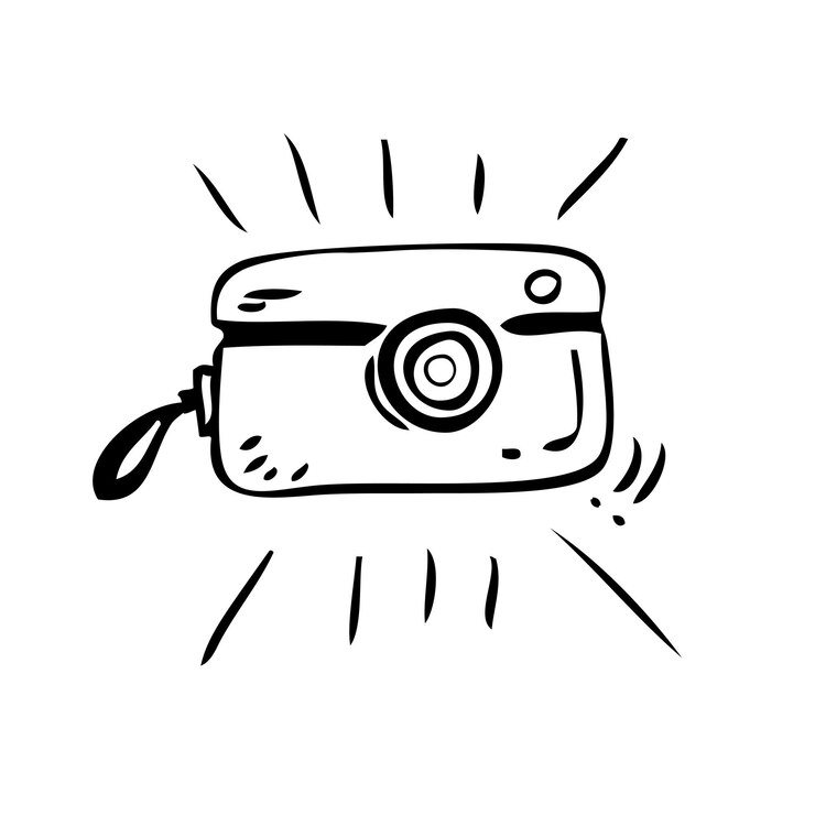 Vector Simple Hand Draw Sketch Sparkling vintage pocket camera, Isolated on White