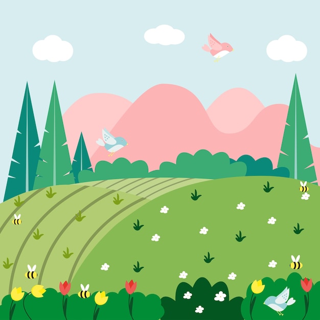 Vector spring landscape. Spring illustration in flat style.