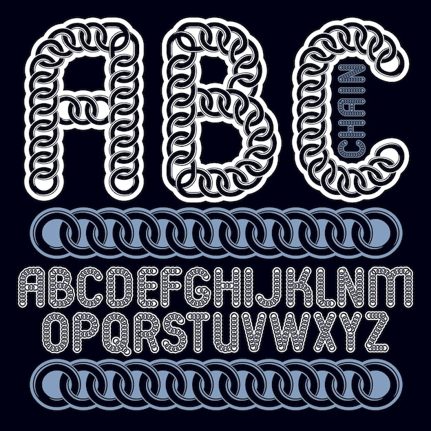 vector type font, script from a to z. capital creative letters, abc made with iron chain, linked connection.