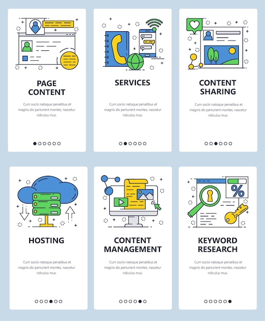vector web linear art onboarding screens template website internet hosting and content management menu banners for website and mobile app development modern design flat illustration
