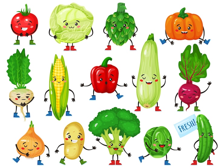 Vector vegetable characters cute broccoli tomato pumpkin cucumber corn cabbage with smiling face mascots