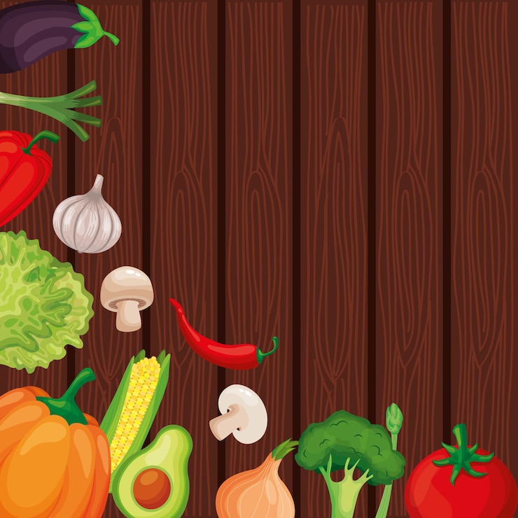 Vector vegetables banner with blank space over wooden texture background. vector illustration