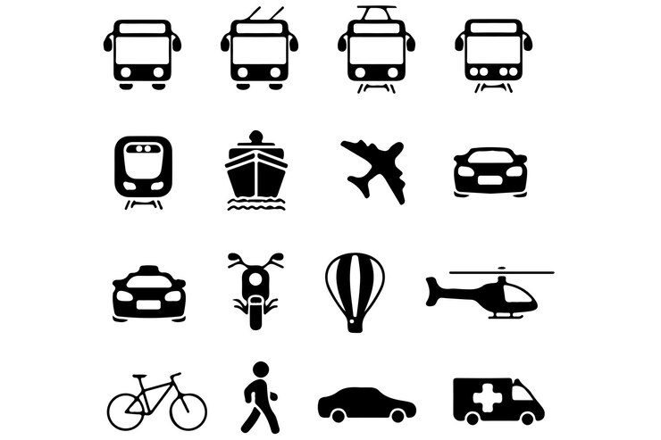 Vector vehicle air railway bike motorcycle transport silhouette icon set car bus tram train metro