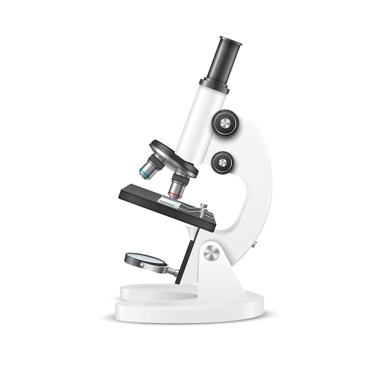 Vector vektor 3d mikroskop sekolah laboratorium putih realistis terisolasi alat farmasi dan mikrobiologi kimia templat desain konsep pendidikan penelitian lab sains mockup tampilan depan
