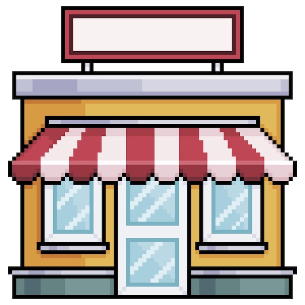 Vektor bangunan depan toko seni piksel dengan awning untuk game 8bit dengan latar belakang putih
