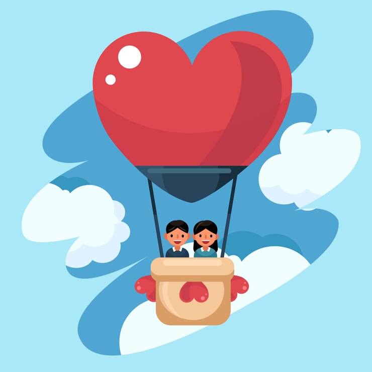 Vector vektor cinta dan hari valentine, pasangan muda yang sedang kasmaran di balon udara. tur bulan madu