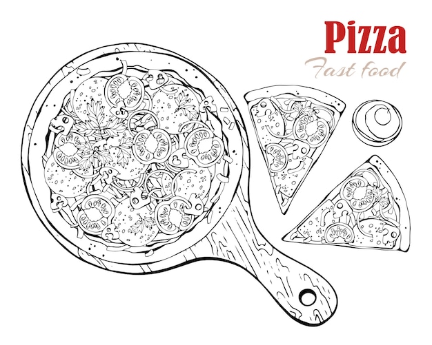 Vektor. Tema makanan cepat saji: pizza di atas papan.