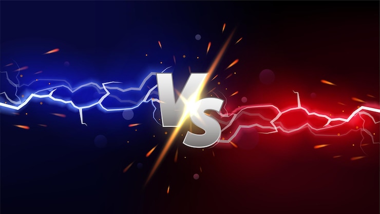 Vector versus banner with fire sparkling and lightning strikes. isolated on red and blue background