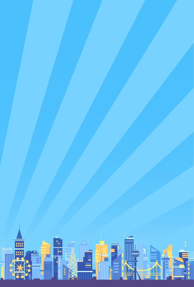 Vector vertical blue striped background with silhouette of a modern city with skyscrapers bridge ferris