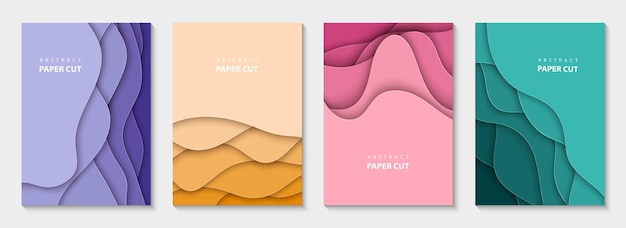 Vertical vector flyers with colorful paper cut waves shapes 3D abstract paper style design layout