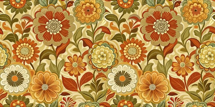 Vibrant floral pattern featuring large red orange and blue flowers against a soft beige backdrop