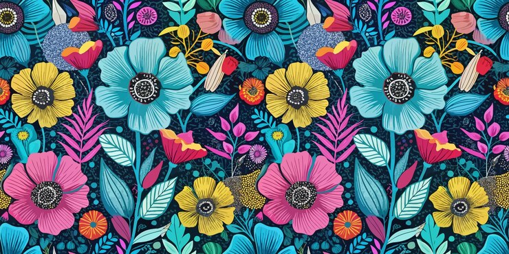 Vibrant floral pattern featuring multicolored flowers and lush green leaves on a dark background