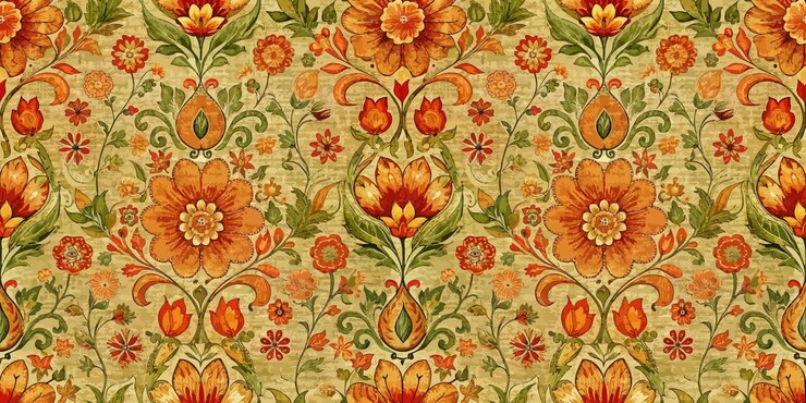 Vibrant floral pattern featuring orange and green hues on a textured background