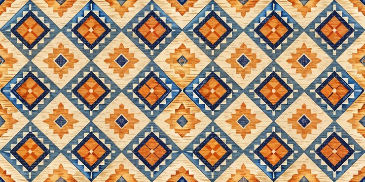 Vibrant geometric pattern featuring blue and orange diamonds on a textured cream background
