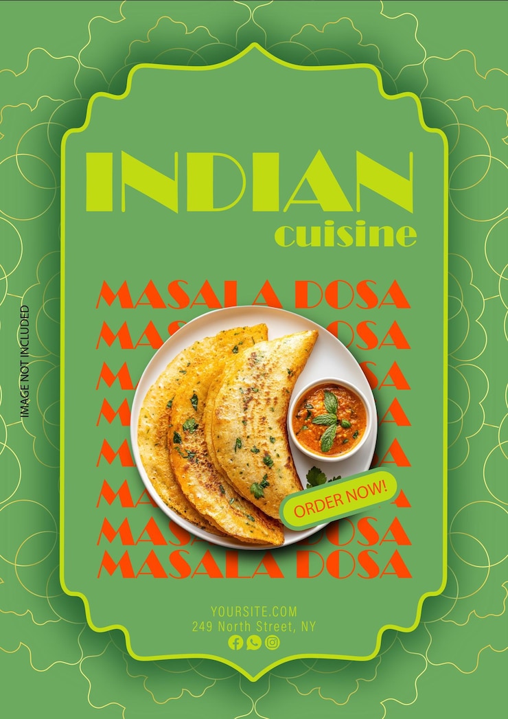 Vector vibrant indian cuisine restaurant flyer template with green background and masala dosa