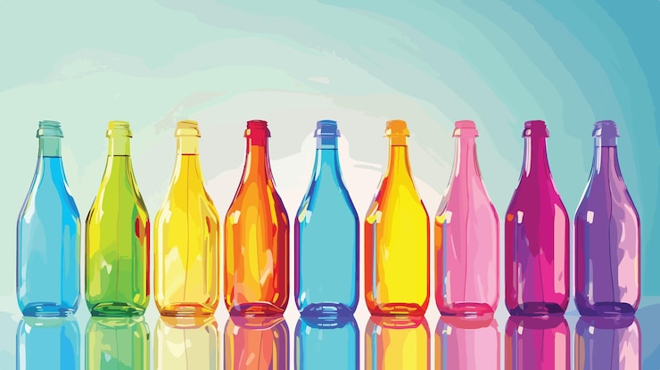 Vector vibrant multi colored glass bottles in row