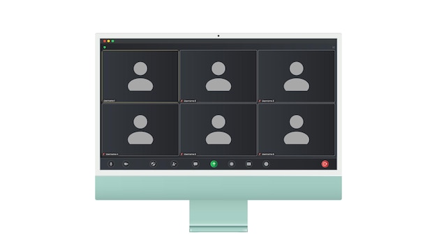Video conference user interface Six users Video conference calls window overlay on desktop video chat UI elements webinar online meeting Vector illustration