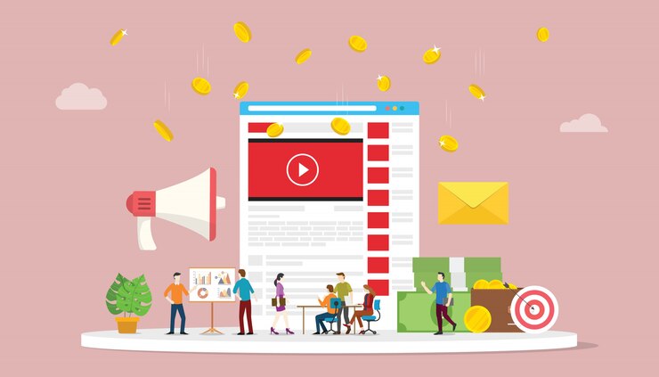 Vector video marketing campaign concept with social media team business marketing