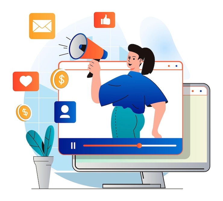 Vector video marketing concept in modern flat design blogger with megaphone attracts audience
