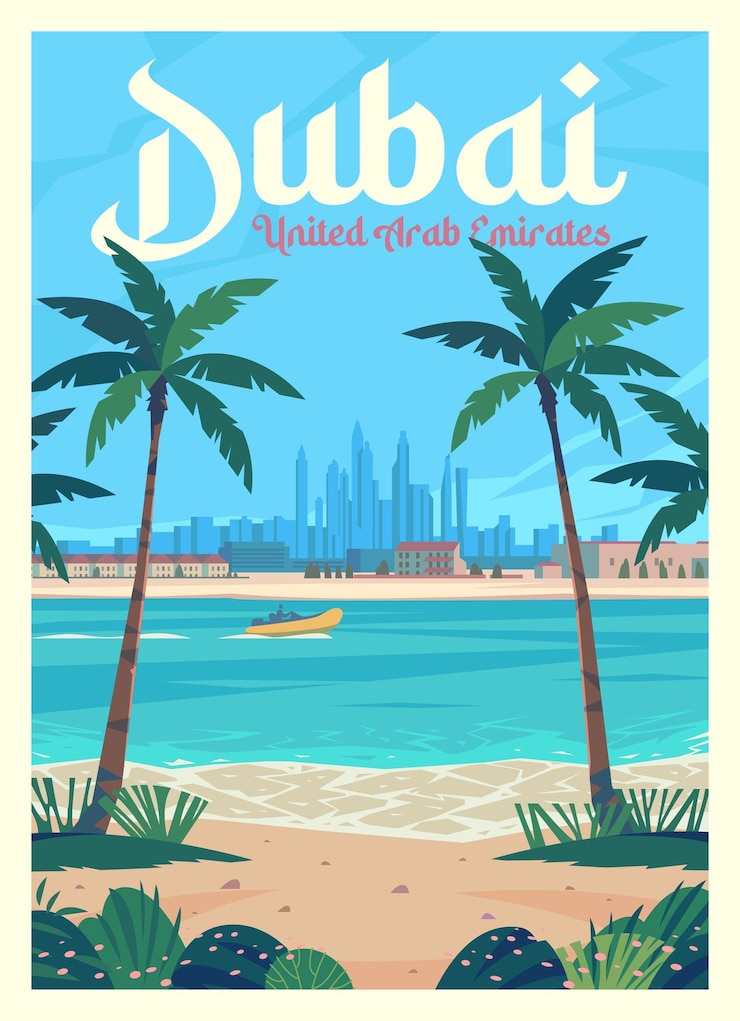 Vector view of the beach in dubai on a sunny day the united arab emirates