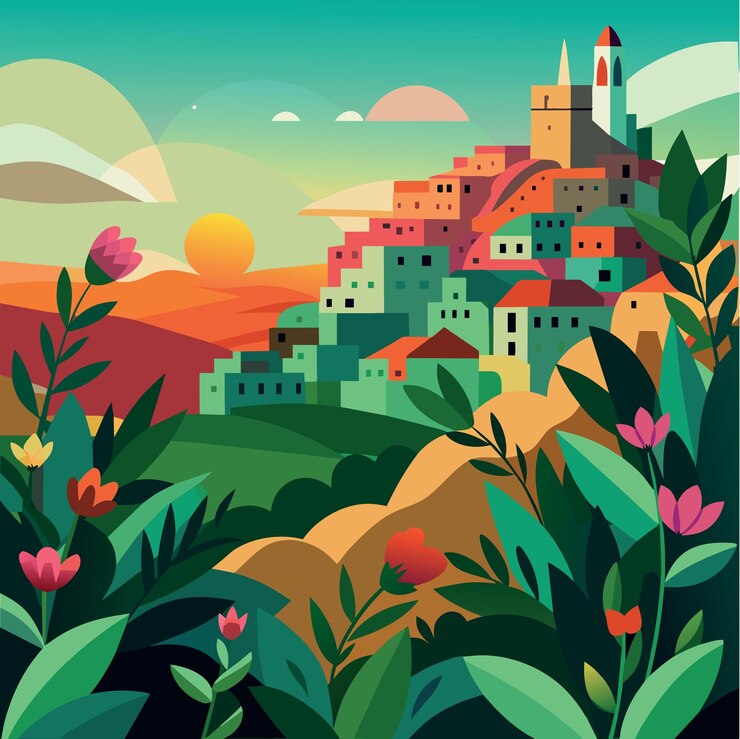Vector view of the sunrise with flower and green plant foreground on meadow in matera italy