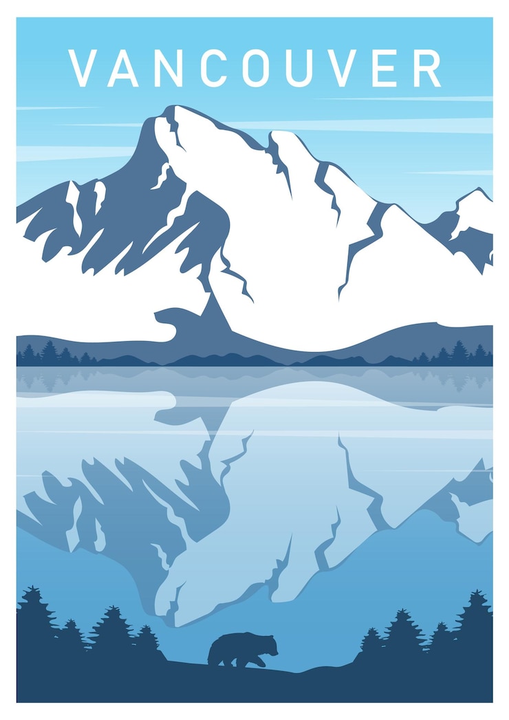 Vector view on mountains canada poster aesthetic minimalist vancouver nature illustration springtime landscape