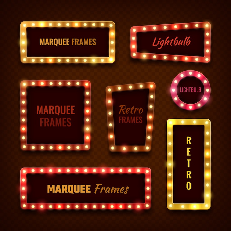 Vector vintage 3d light marquee vegas frames with lightbulbs set