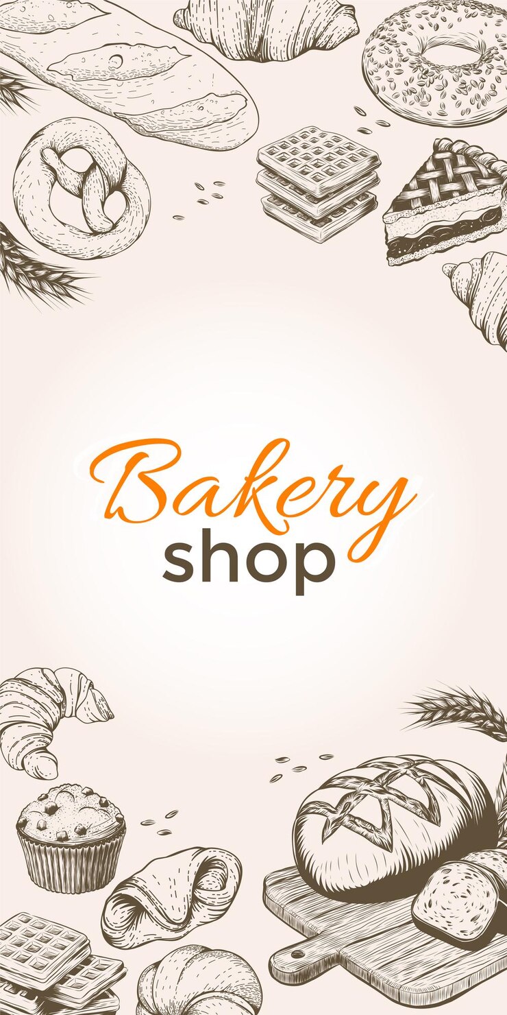 Vintage Bakery shop template banner background with bakery product in engraving hand drawnsketch