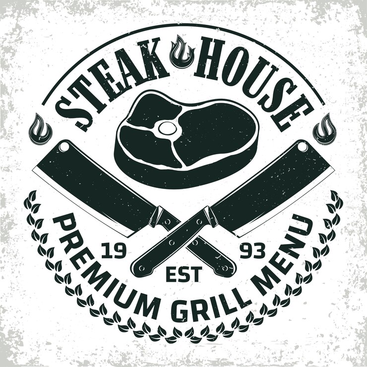 Vintage barbecue restaurant logo ,  grange print stamp, creative grill bar typography emblem, 