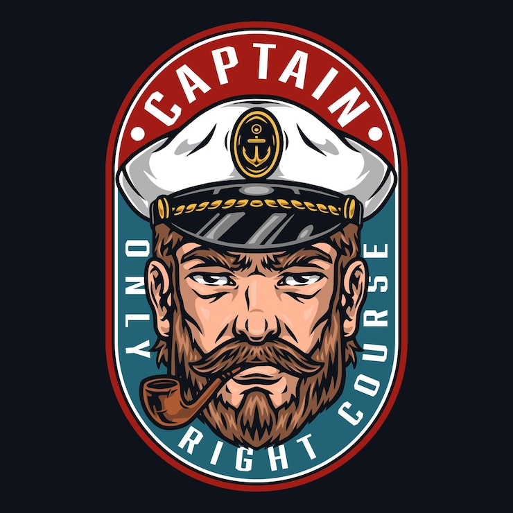 Vector vintage bearded sailor smoking pipe marine logo with sea captain in hat isolated vector illustration