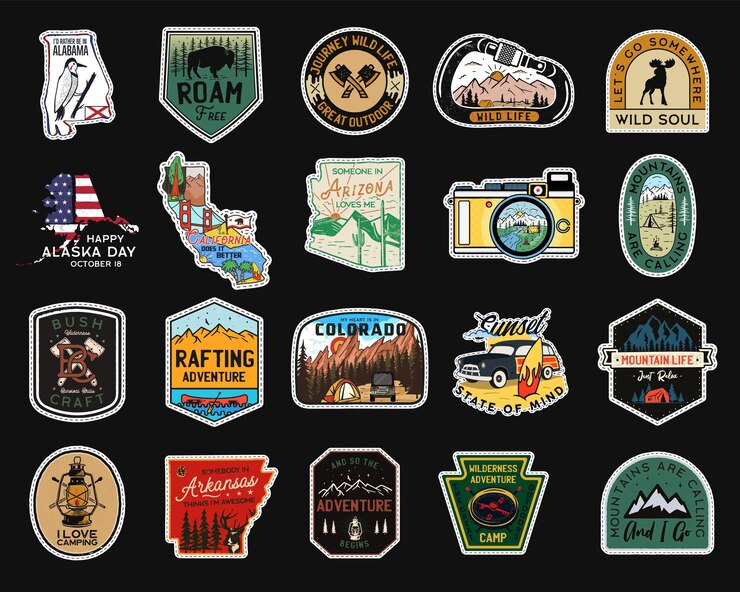 Vector vintage camp patches logos, mountain badges set. hand drawn stickers designs bundle. travel expedition, backpacking labels. outdoor hiking emblems. logotypes collection. stock vector.