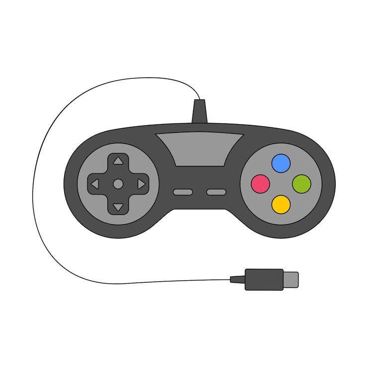 Vector vintage gamepad joystick for playing video games retro equipment with a wire for the game the symbol of the 90s nostalgia for the old dayscolor vector illustration isolated on a white background